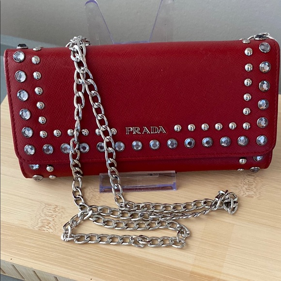 Prada Red Saffinao Studded Borchi Continental Wallet w/Baby Quick Access Pouch - Picture 14 of 14